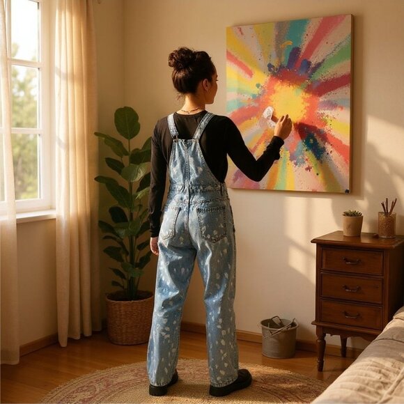 Momokrom Painted Leopard Denim Overalls W/ Adjustable Straps – M/8 NWT - Picture 6 of 8
